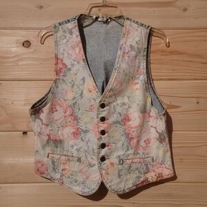 Vintage Zena Floral Vest with Pink and Green Accents Size L 19x22 Made In USA